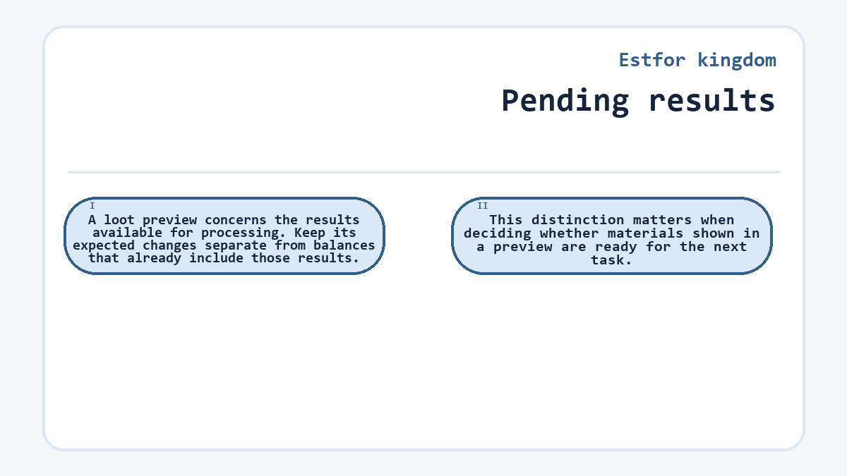 Pending results: A loot preview concerns the results available for processing. Keep its expected changes separate from balances that already include those results.; This distinction matters when deciding whether materials shown in a preview are ready for the next task.