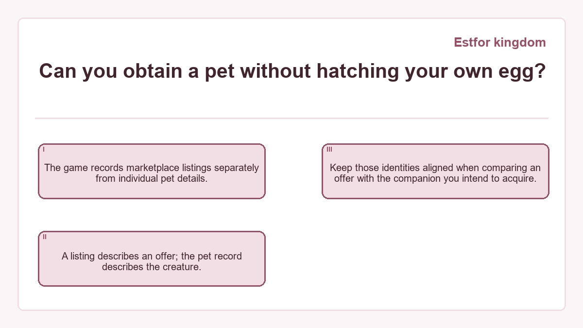Can you obtain a pet without hatching your own egg?: The game records marketplace listings separately from individual pet details.; A listing describes an offer; the pet record describes the creature.; Keep those identities aligned when comparing an offer with the companion you intend to acquire.